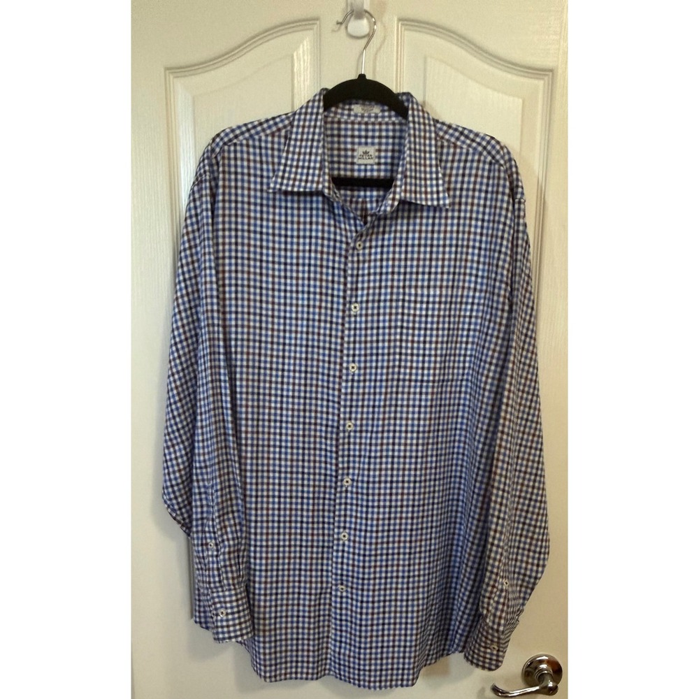 Peter Millar Cotton Blue White Brown Gingham Plaid Button Men X Large Shirt